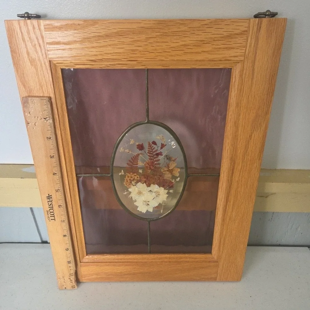 Oak Framed Stained Glass Artwork Dried Flowers Botanical Window Hanging